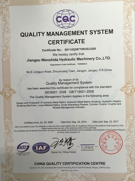 China Jiangsu Wanshida Hydraulic Machinery Co., Ltd Certificações